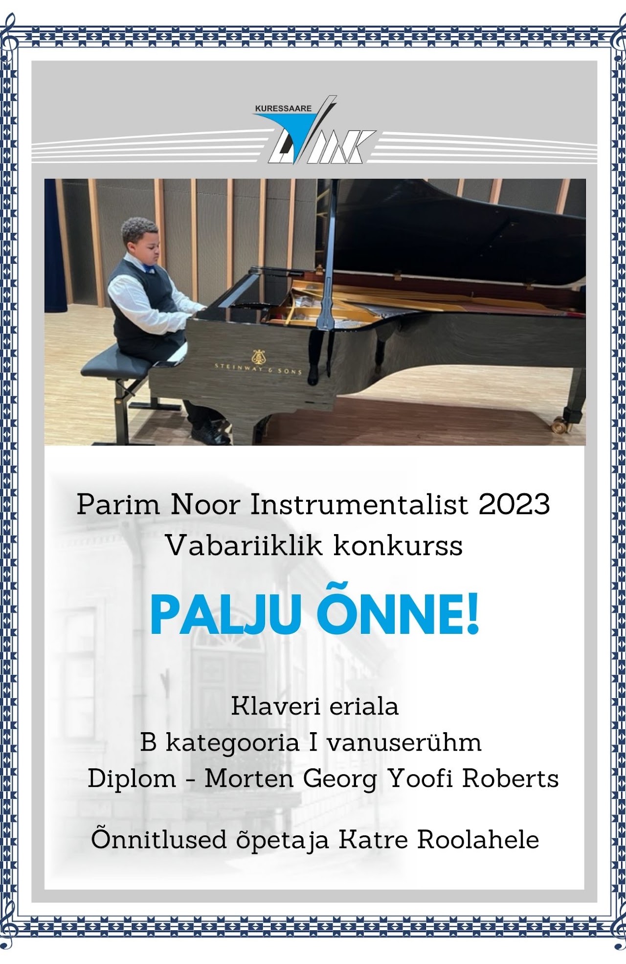Parim Noor Instrumentalist 2023 – vabariiklik klaverikonkurss – Morten Georg Yoofi Roberts