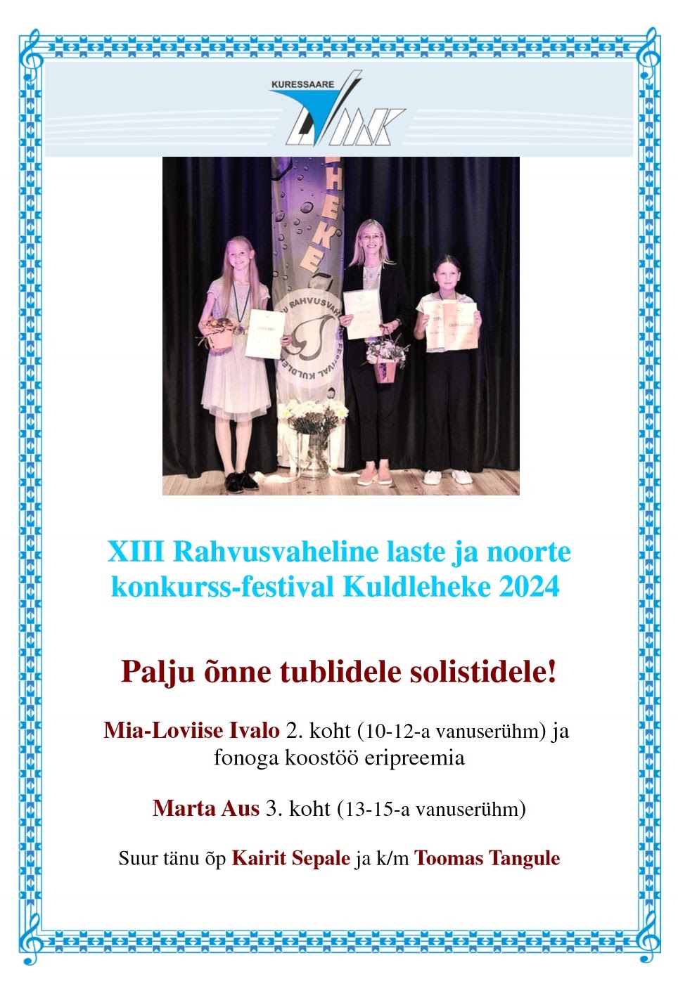 XIII rahvusvaheline konkurss-festival Kuldleheke 2024 – Mia-Loviise Ivalo ja Marta Aus