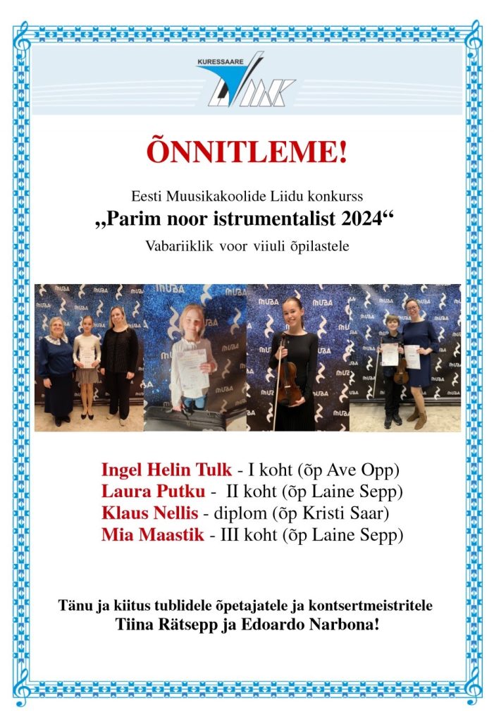 Parim Noor Instrumentalist 2024 – vabariiklik viiulivoor – Ingel Helin Tulk, Laura Putku, Klaus Nellis ja Mia Maastik
