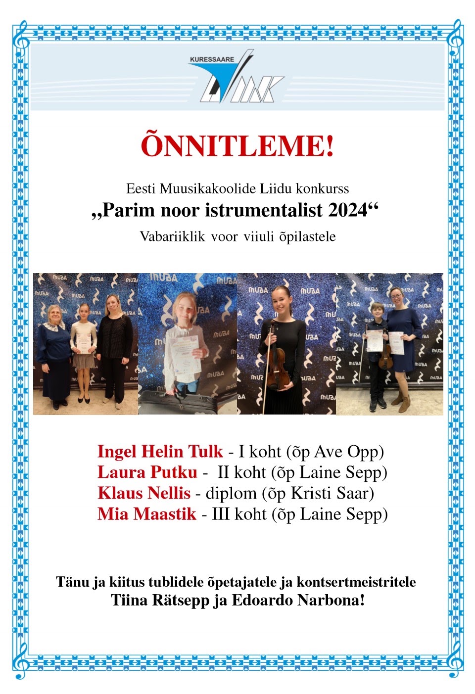 Parim Noor Instrumentalist 2024 – vabariiklik viiulivoor – Ingel Helin Tulk, Laura Putku, Klaus Nellis ja Mia Maastik