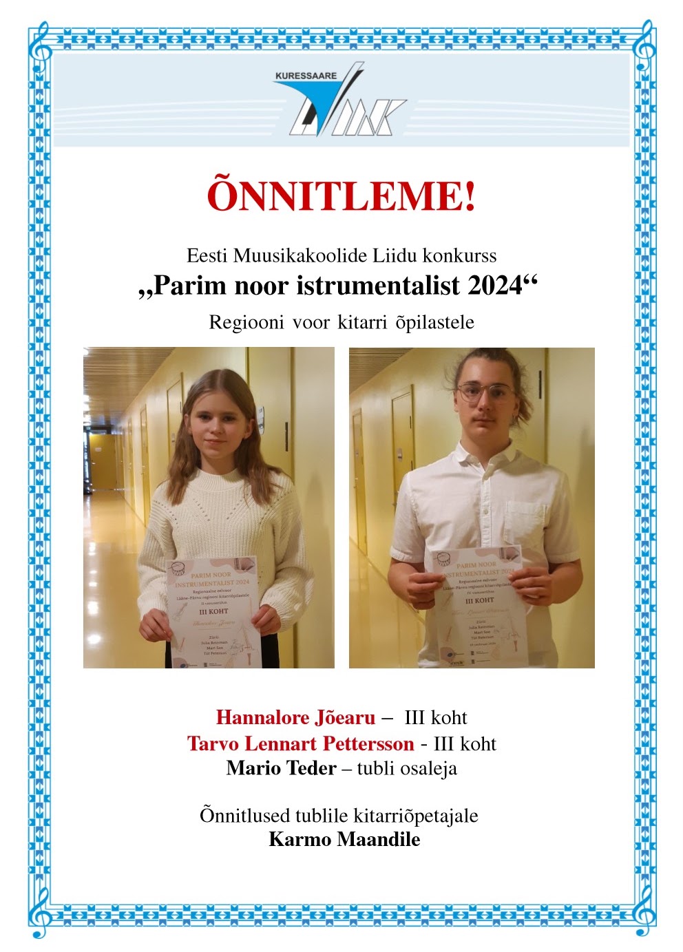 Parim Noor Instrumentalist 2024 – regiooni kitarrivoor – Hannalore Jõearu, Tarvo Lennart Pettersson ja Mario Teder