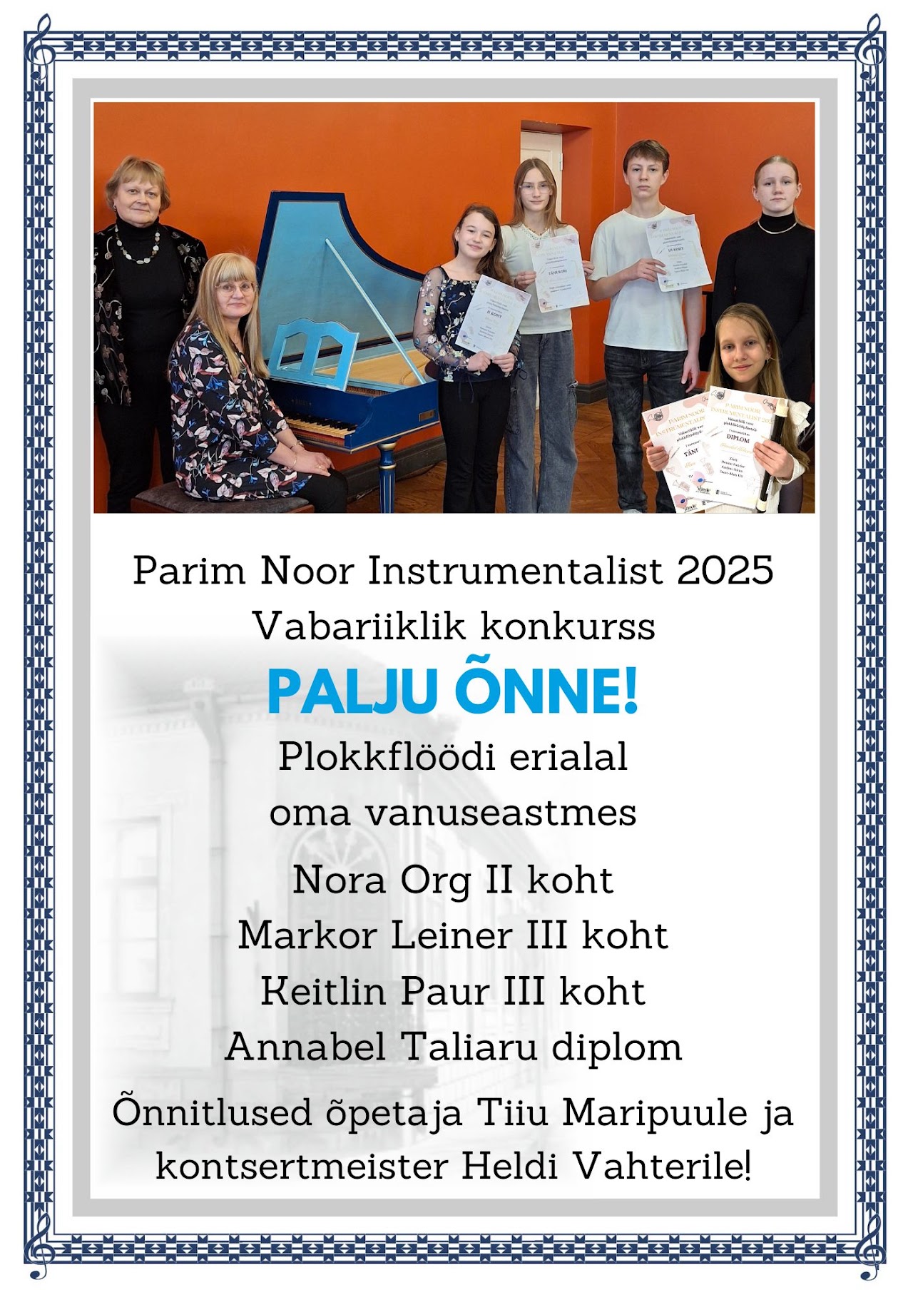 Parim Noor Instrumentalist 2025 – vabariiklik plokkflöödikonkurss – Nora Org, Markor Leiner, Keitlin Paur ja Annabel Taliaru