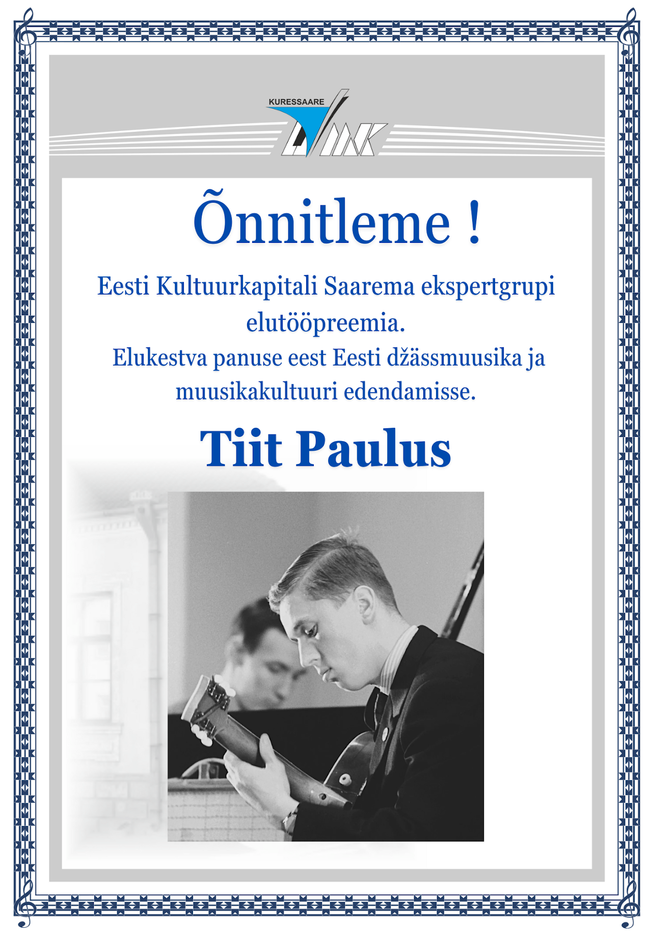 Eesti Kultuurkapitali Saaremaa ekspertgrupi elutööpreemia – Tiit Paulus