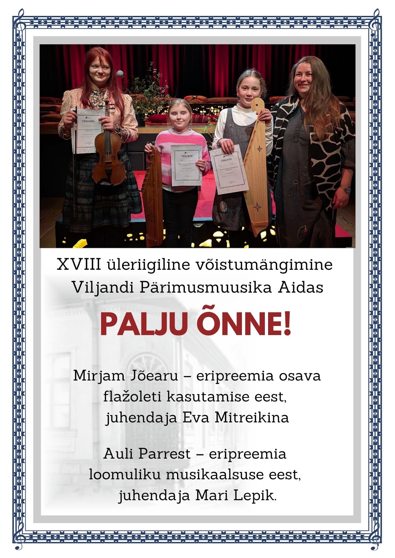 XVIII üleriigiline võistumängimine Viljandi Pärimusmuusika Aidas – Mirjam Jõearu ja Auli Parrest