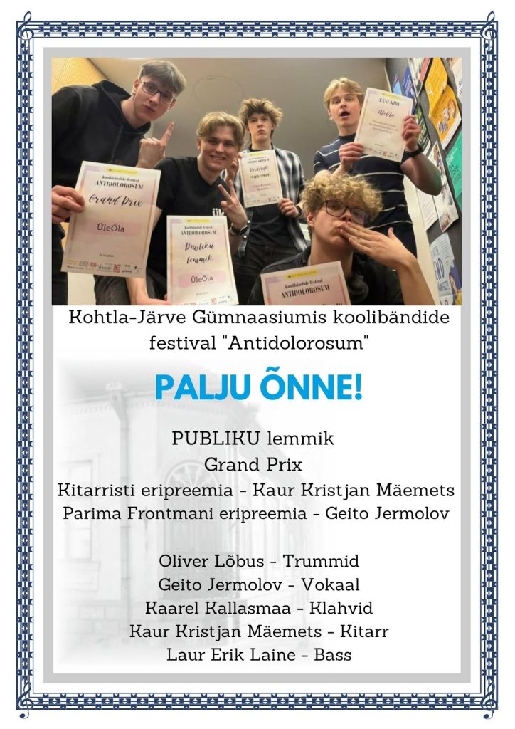 Koolibändide festival „Antidolorosum“ 2026 – Oliver Lõbus, Geito Jermolov, Kaarel Kallasmaa, Kaur Kristjan Mäemets ja Laur Erik Laine