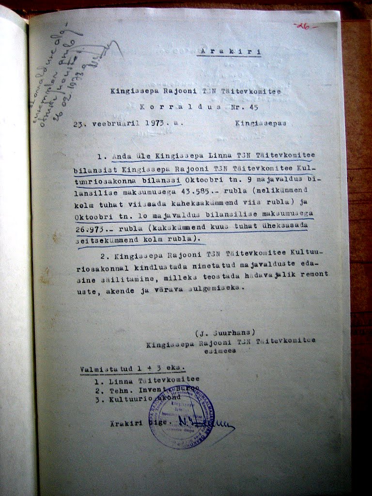 1973. aasta korraldus hoonete kultuuriosakonna bilanssi andmise kohta.