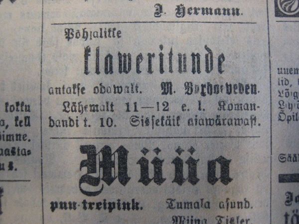 Maria Emma von Buxhoevedeni klaveritundide kuulutus ajalehes Meie Maa, 1927.